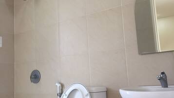 Ducha, toallas, jabón, shampoo