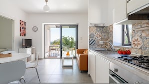 A modern kitchen with a gas stove, a sink, and a window overlooking a garden. - Villa Pettegola in Noto (Noto)