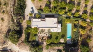 An aerial view of a modern house with a swimming pool, surrounded by trees and a dirt path. - Villa Papeda in Noto (Noto)