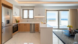 A modern kitchen with a built-in oven, dishwasher, and refrigerator. It features a large window and a view of the ocean.