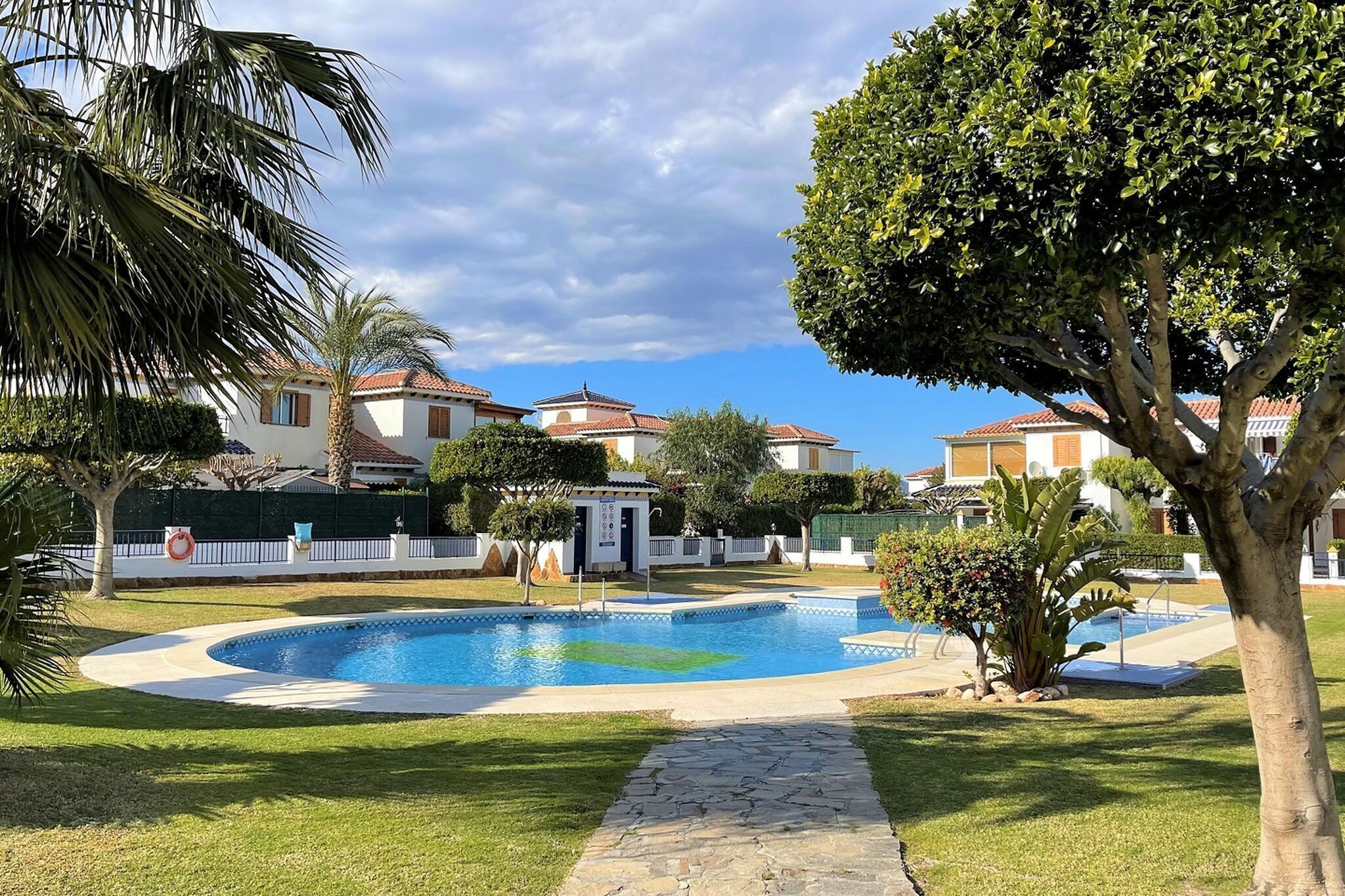 A swimming pool surrounded by a well-maintained lawn and trees, with houses in the background.