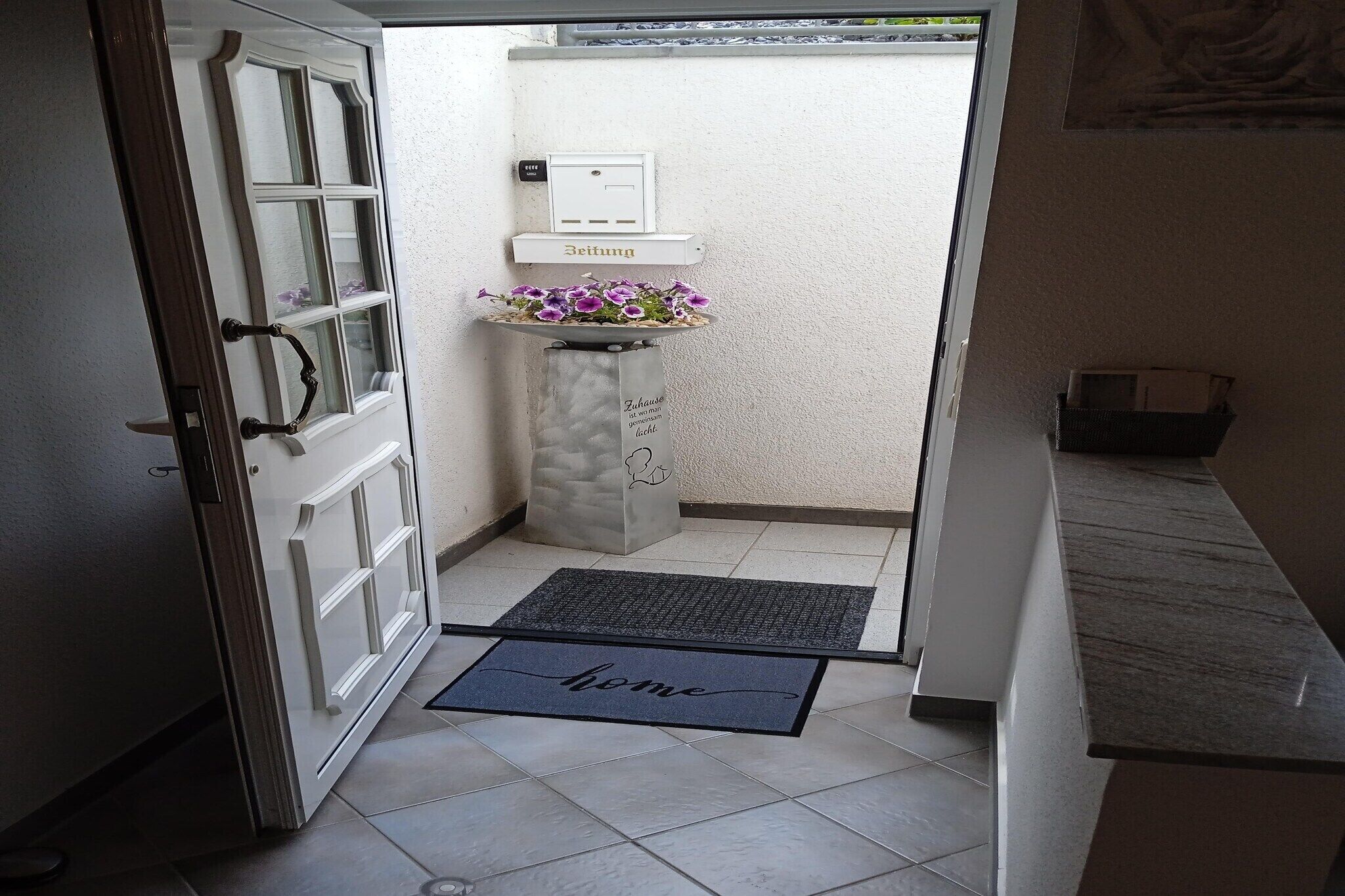 L’entrée d’un hôtel, avec une porte, un paillasson, un petit pot de fleurs et un interrupteur fixé au mur.