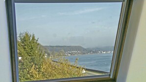 A window with a view of a body of water, trees, and distant buildings.