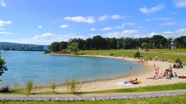 A lakeside beach with people sunbathing and swimming, surrounded by grassy areas and trees.