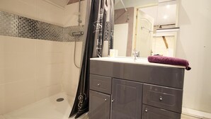 A modern bathroom with a walk-in shower, a vanity with a mirror, and a towel on the counter. - Le Clos Saint-martin (AVESNES EN BRAY)