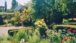 A garden with various flowers, a hedge, and a building in the background. - Le Rêve - Preaux - Gîte (PREAUX)