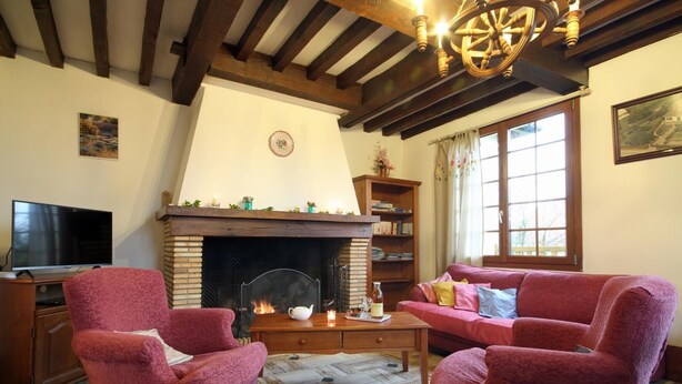 A living room with a fireplace, wooden beams, a television, and a sofa. - Le Rêve - Preaux - Gîte (PREAUX)