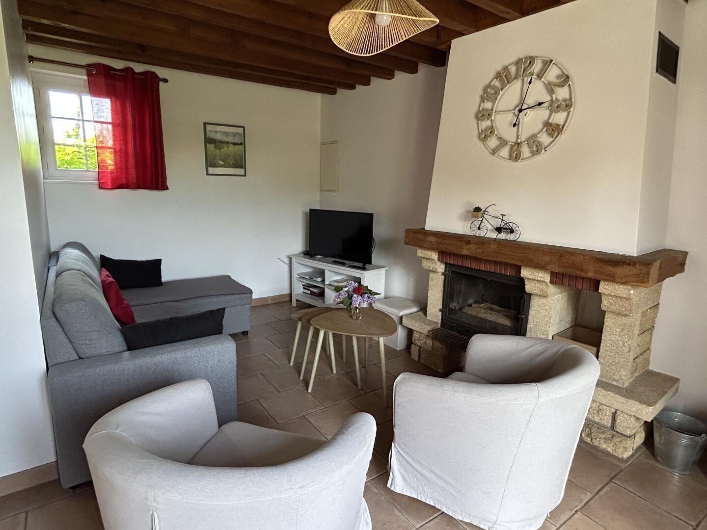 Tv, eldstad, dvd-spelare och ett bordtennisbord