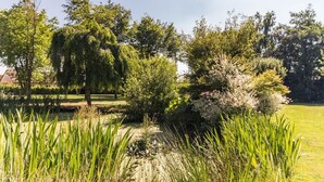 Ein gepflegter Garten mit verschiedenen Bäumen und Sträuchern, einer Rasenfläche und einem Weg.