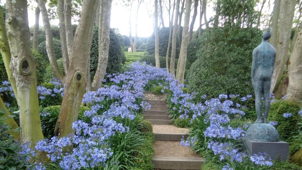 A garden pathway lined with blue flowers and trees, leading to a statue.
