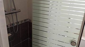 A glass-enclosed shower area with a tiled floor and a metal showerhead.