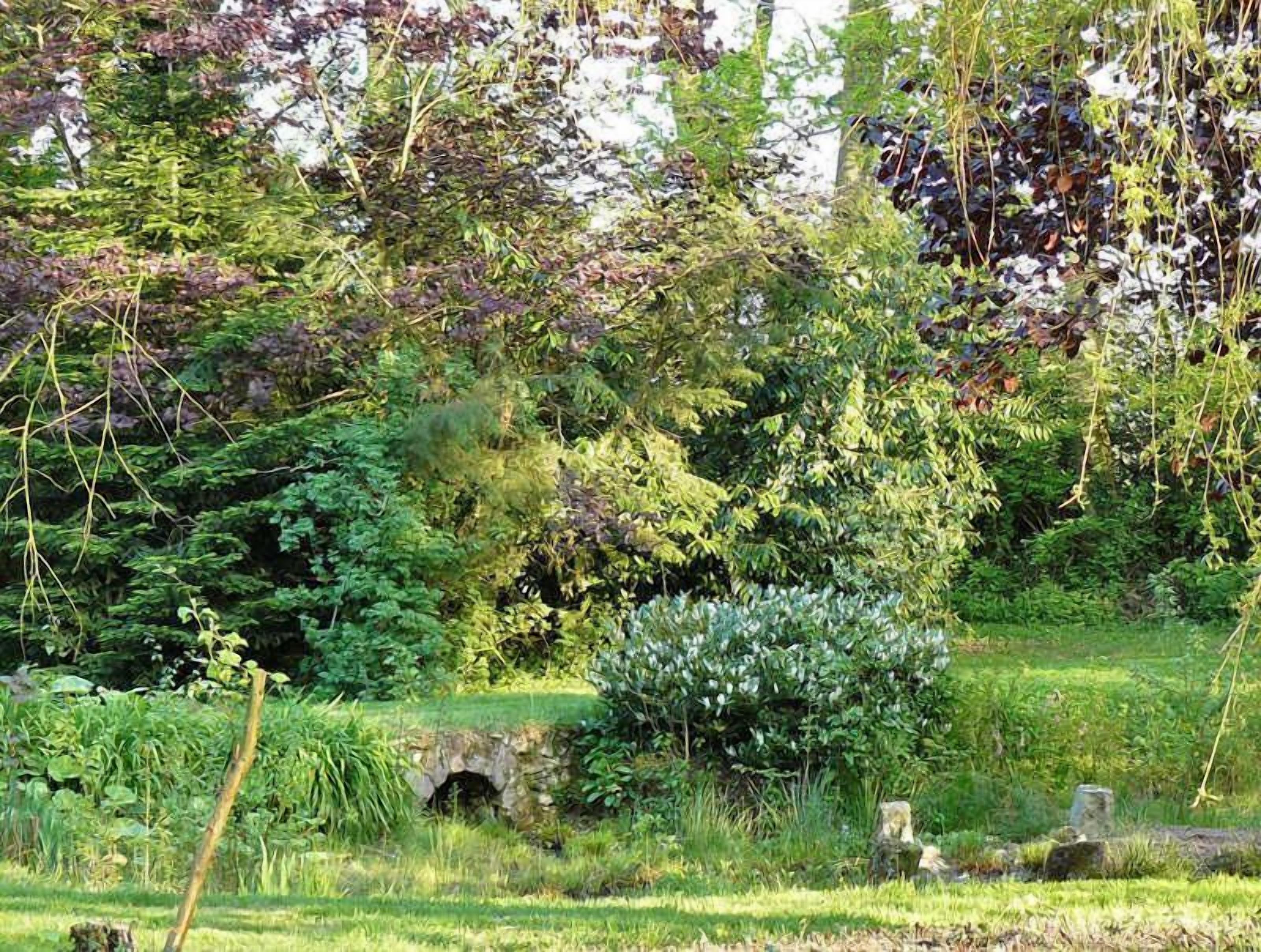 Uma ponte de pedra em um jardim exuberante, com folhagem densa e diversas plantas.