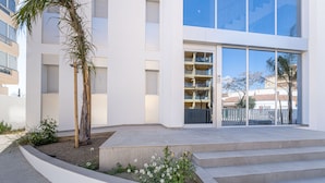 A modern building with a large glass entrance, a concrete staircase, and a landscaped area with plants and a palm tree.