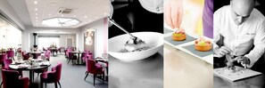 Un espace de restauration moderne avec des tables et des chaises rondes, un grand saladier blanc au centre, et un chef qui prépare un dessert.