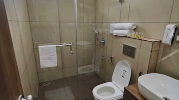 Shower, bathrobes, slippers, towels