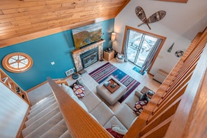 TV, fireplace, books