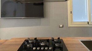 Une cuisine moderne dotée d’une hotte en acier inoxydable, d’un téléviseur à écran plat fixé au mur et d’une cuisinière à gaz.