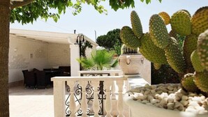 A courtyard with a white balustrade, a cactus, and a potted plant. - Luxury Vale Villa. (Locorotondo)