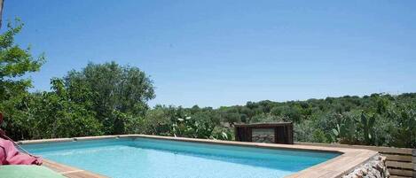 Una piscina rectangular amb un pont de fusta i un marc de pedra, envoltada de vegetació exuberant i un cel blau clar.