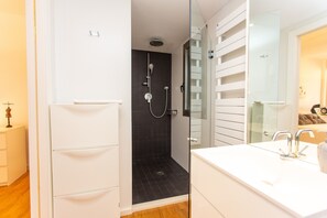 Douche, séchoir à cheveux, serviettes fournies