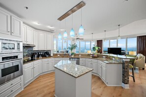 Fridge, microwave, oven, stovetop - NEW RENTAL-Oceania 13-Luxury 4000 SQ FT Gulf Front Condo-Signature Properties (Gulf Shores)
