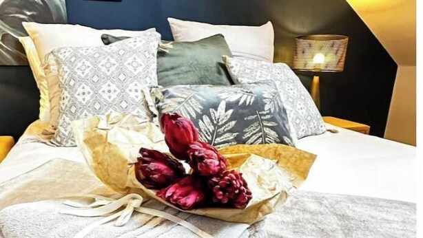 A neatly made bed with patterned pillows, a decorative arrangement of red flowers, and a bedside lamp. - Studio Design - Unique - Centre Ville (Bagnères-de-Bigorre)