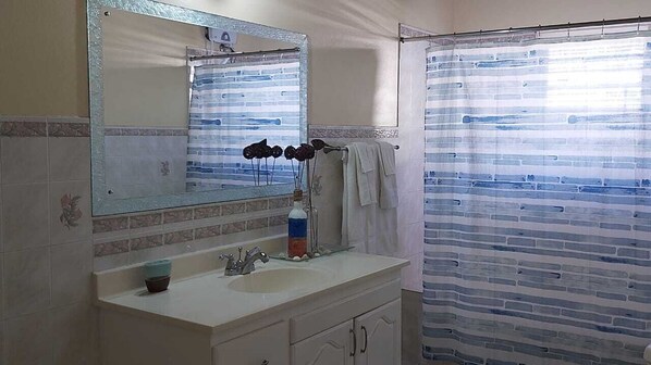 A bathroom with a large mirror, a sink, a towel rack, and a shower curtain.