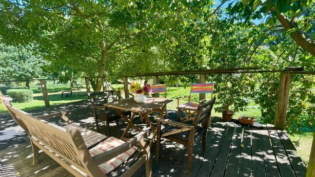 A wooden deck with a table and chairs, surrounded by lush greenery and trees. - Parkblick by Interhome (Wurzen)
