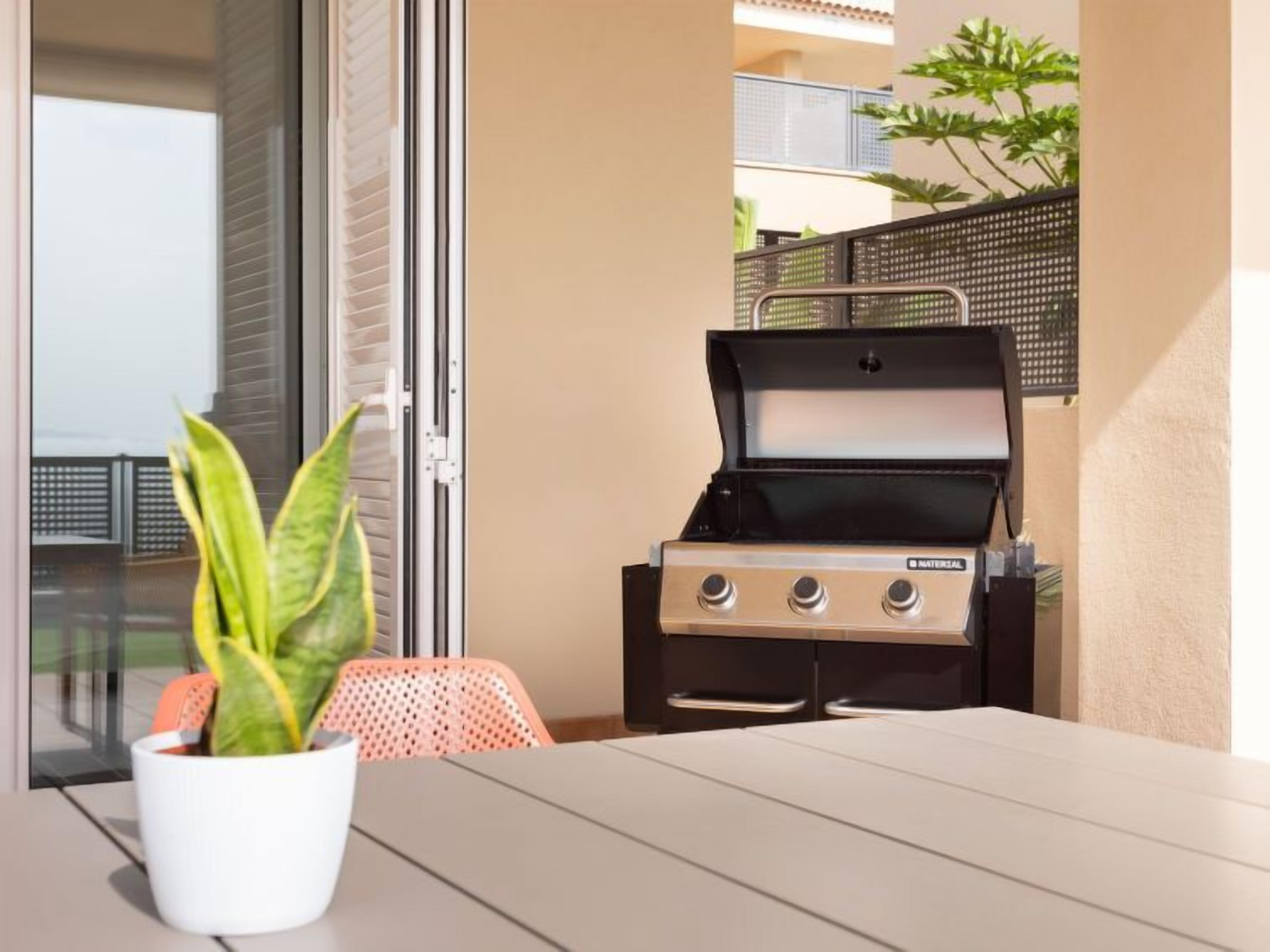Un patio al aire libre con una parrilla, una planta en maceta y un ventanal corredero.
