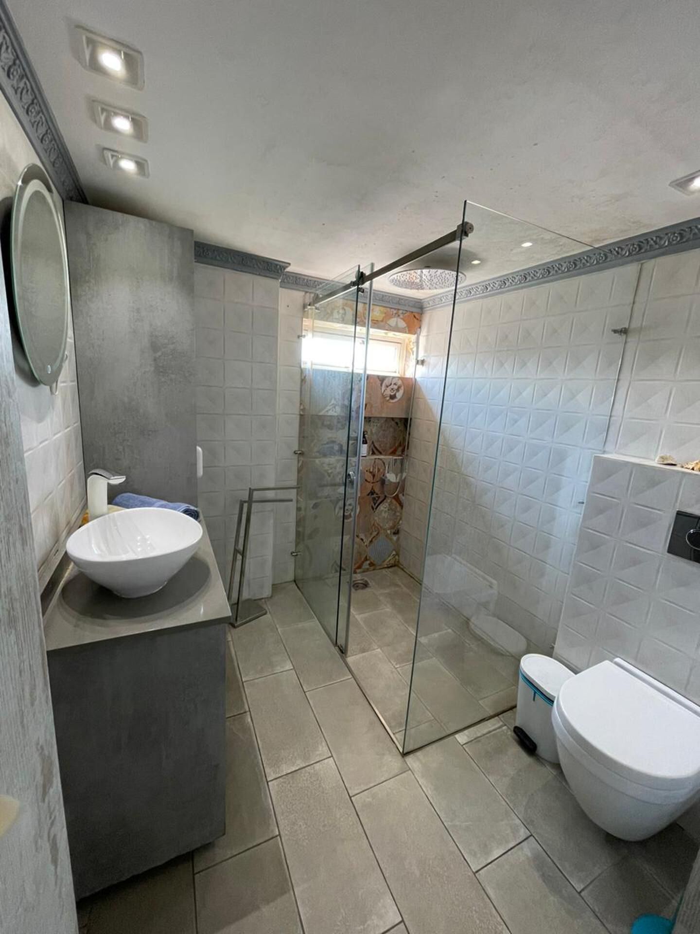 A modern bathroom with a glass shower enclosure, a large sink, and a toilet.
