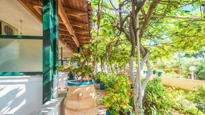 Un espace extérieur abrité, doté d’un chemin en pierre, de plantes en pot et d’une structure en forme de pergola.