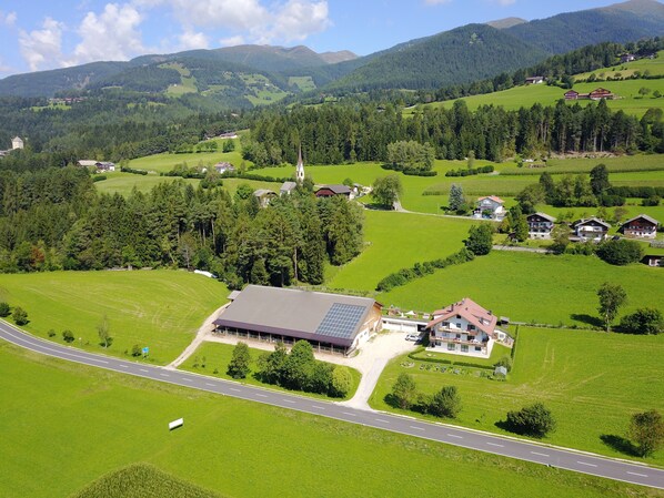 Paisagem rural com estrada, campos verdes e casas esparsas.