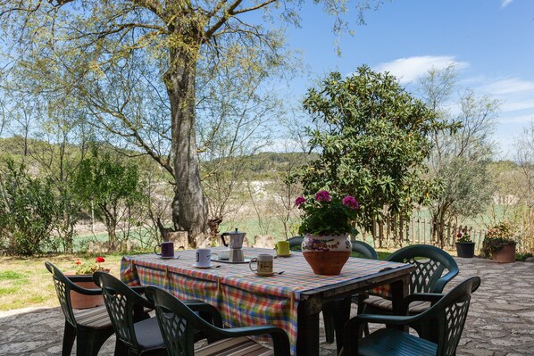 Une terrasse extérieure avec une table dressée pour le repas, entourée de chaises, d’une plante en pot et offrant une vue sur un paysage naturel.