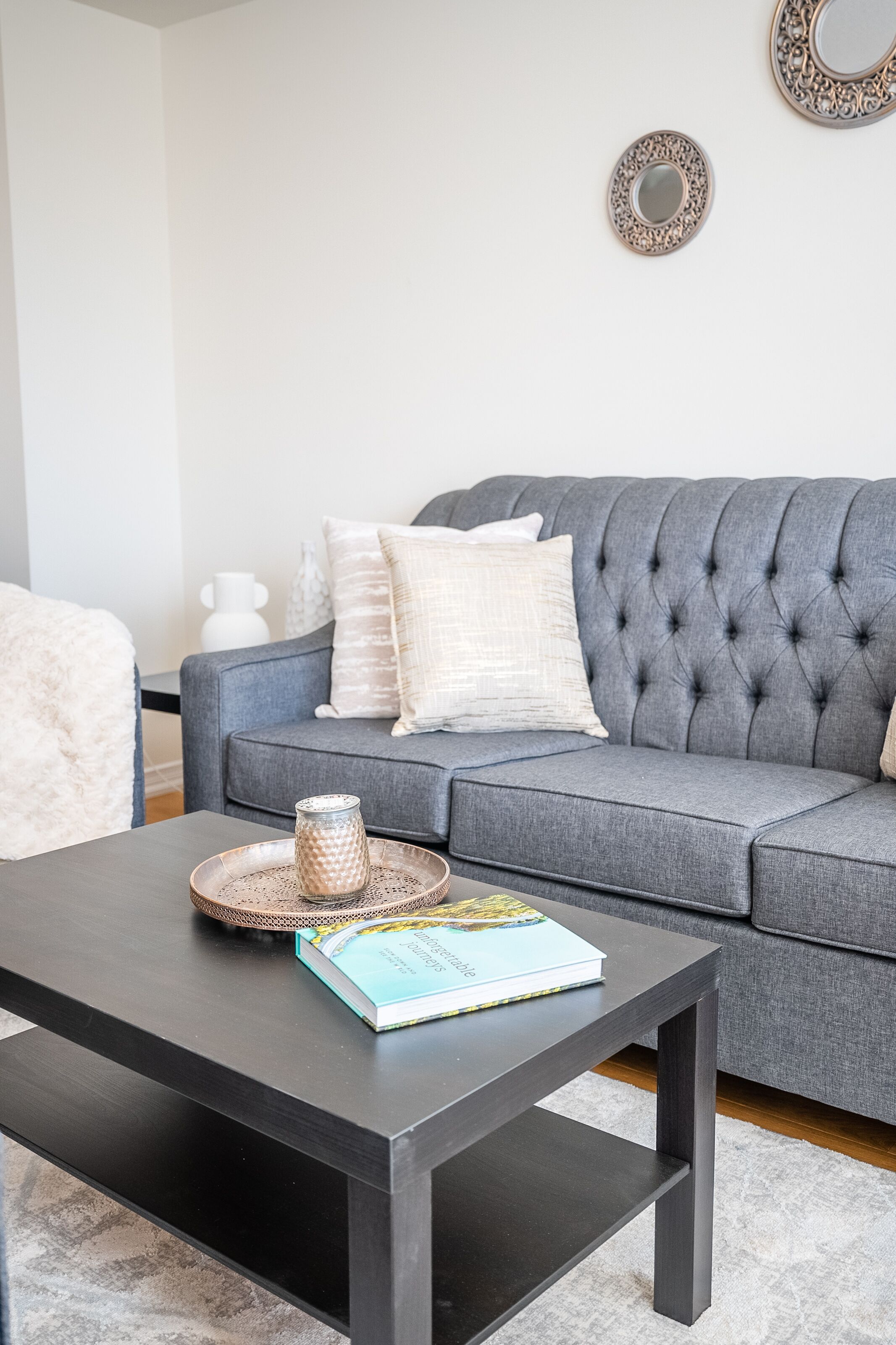 A modern living room with a grey sofa, a dark coffee table, and a white rug.