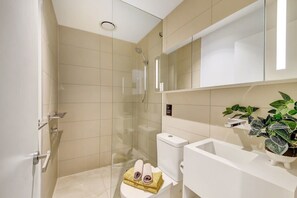 Shower, hair dryer, towels