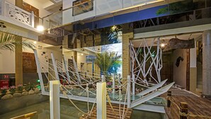 A multi-level atrium with a glass bridge, wooden deck, and indoor plants. - China Old Story Inns Dali Elite Garden (Dali)