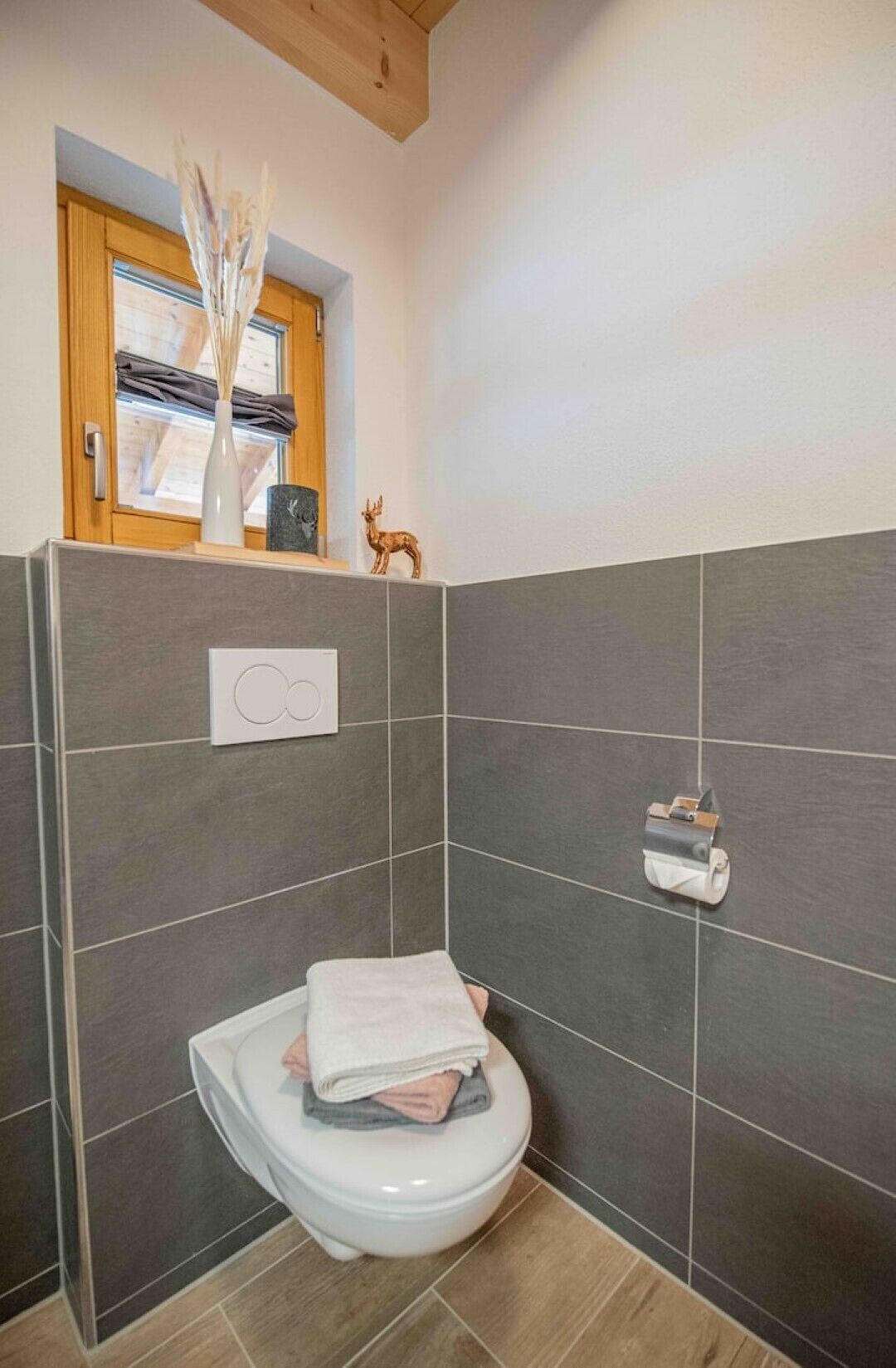 Ein Badezimmer mit Toilette, Handtuchhalter und einem Fenster mit Holzrahmen.