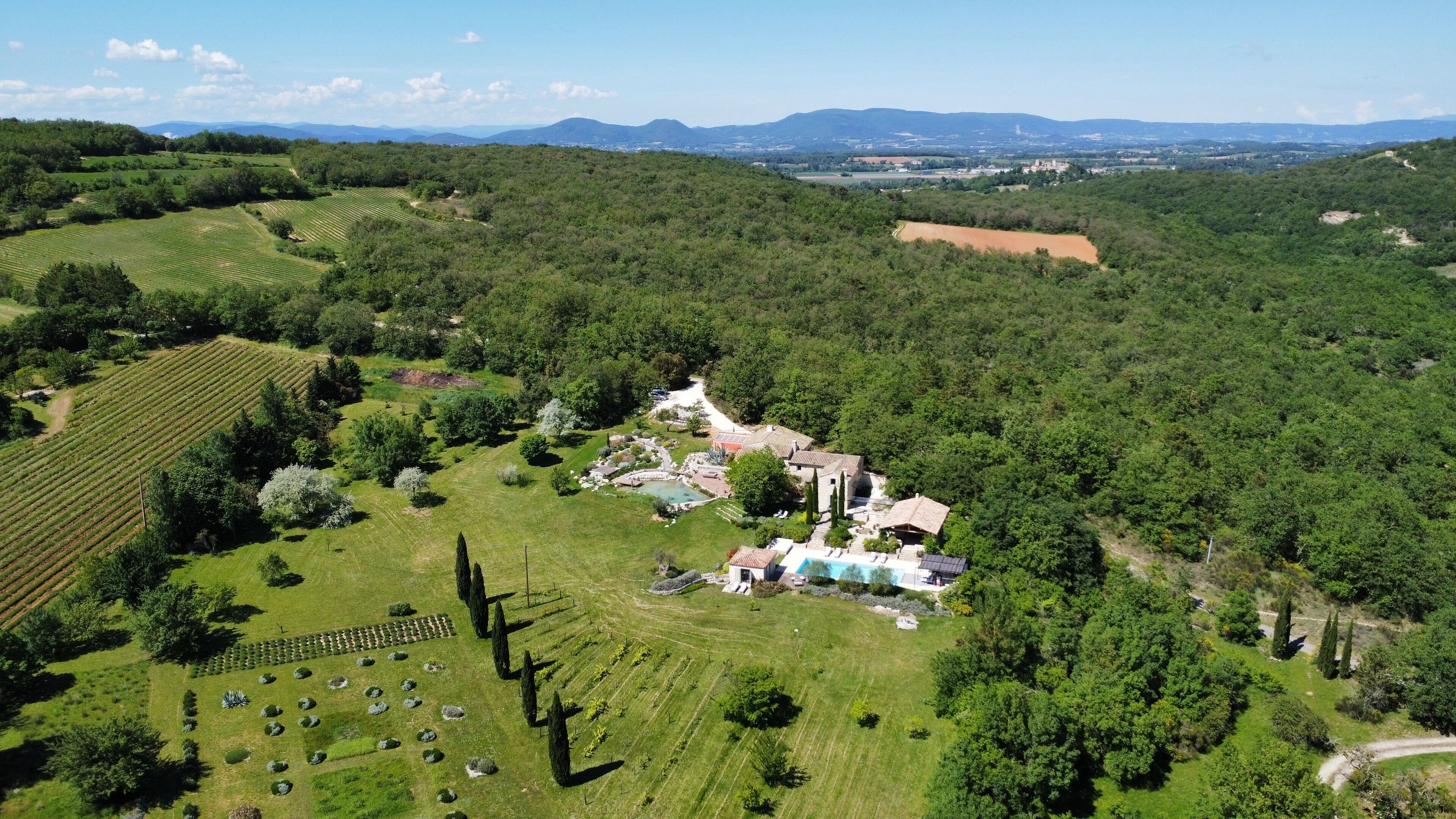 An aerial view of a countryside estate with terraced vineyards, a swimming pool, and a large house surrounded by lush greenery.
