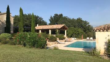 Sesongbasert utendørsbasseng, bassengparasoller og solsenger