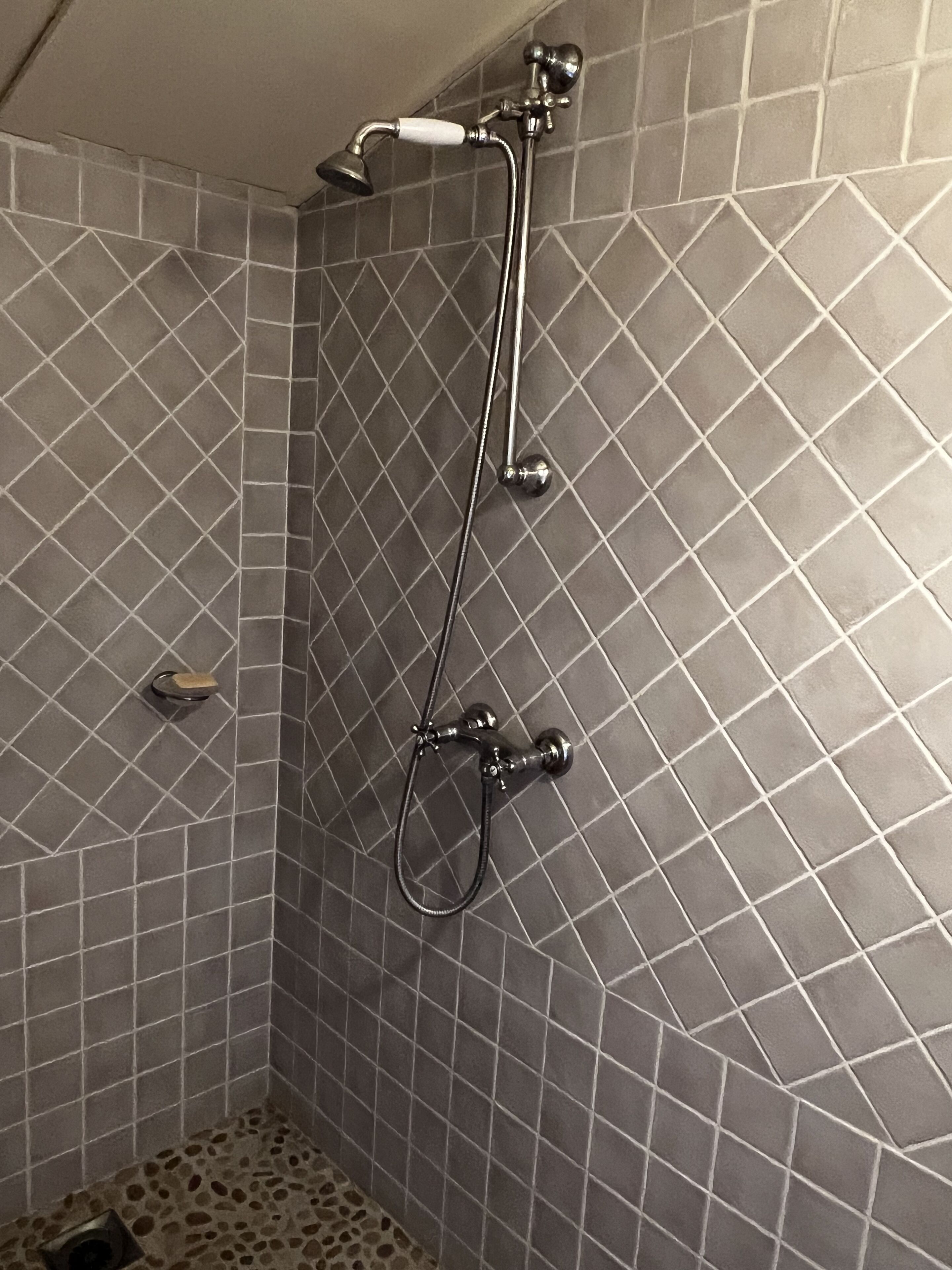 A shower area with a handheld showerhead and a wall-mounted faucet.