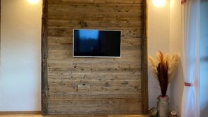 Habitació amb panell de paret de fusta, televisió plana penjada al mur, sòl de fusta i gerra amb plantes seques.