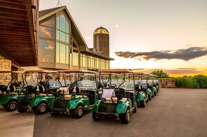 Una fila de carritos de golf estacionados frente a un edificio con grandes ventanales y un silo al fondo.