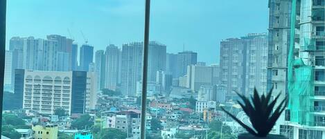 A cityscape through a window with a potted plant in the foreground.