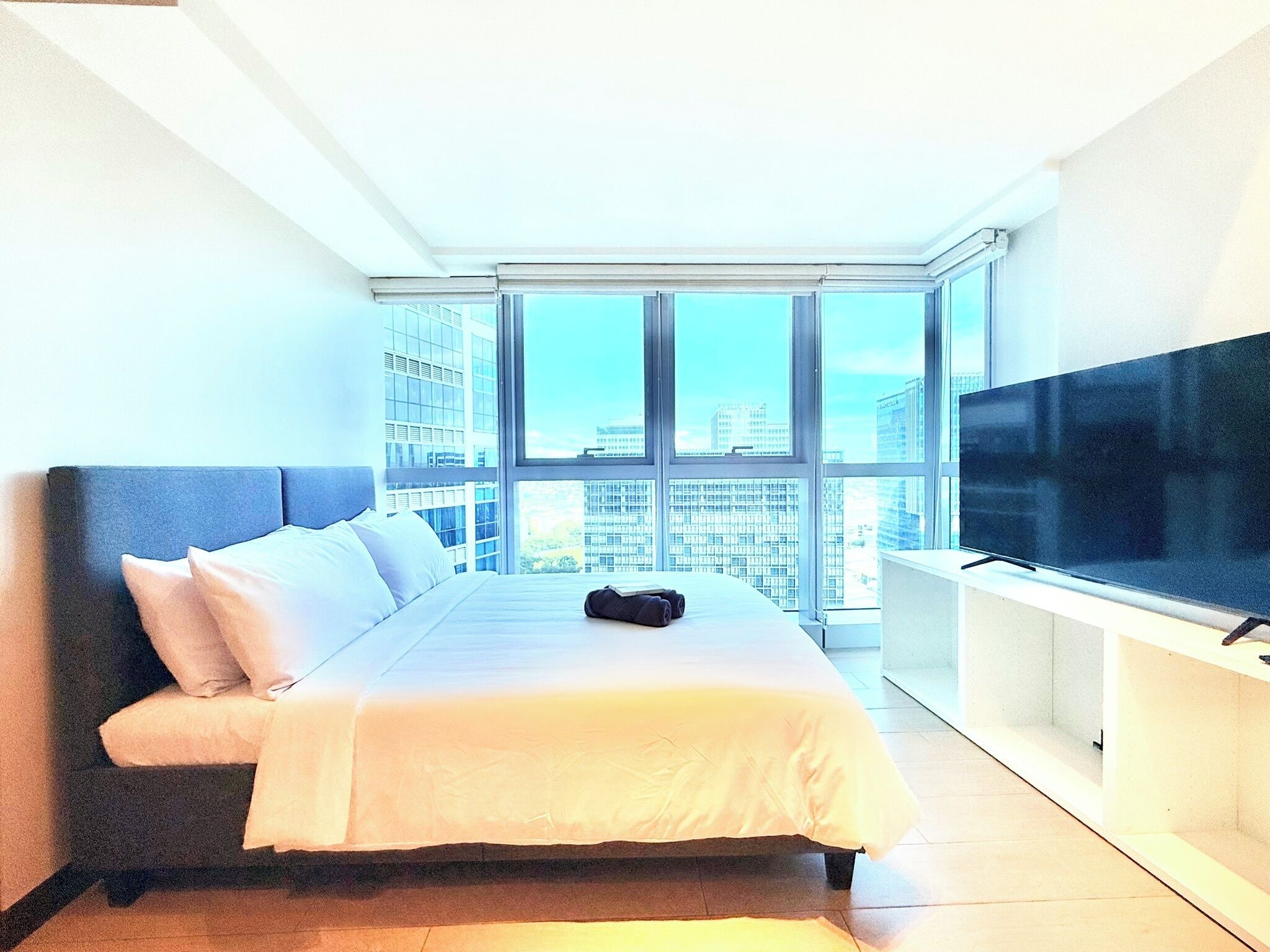 Comfort Condo, City View | Hypo-allergenic bedding, down duvets, Select Comfort beds, desk