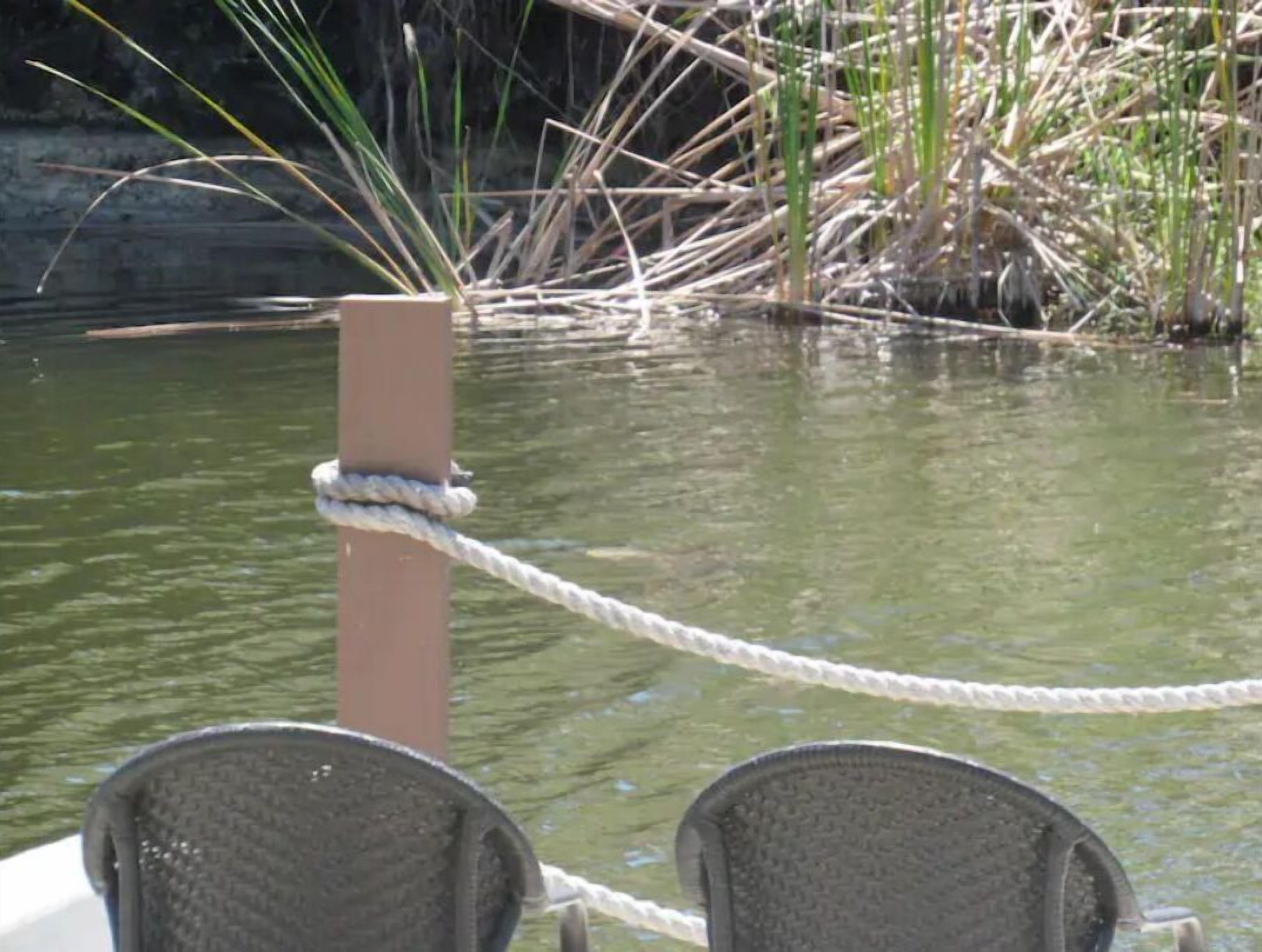 A boat docked at a calm water body with a rope tied around a pole, two wicker chairs, and reeds in the background.