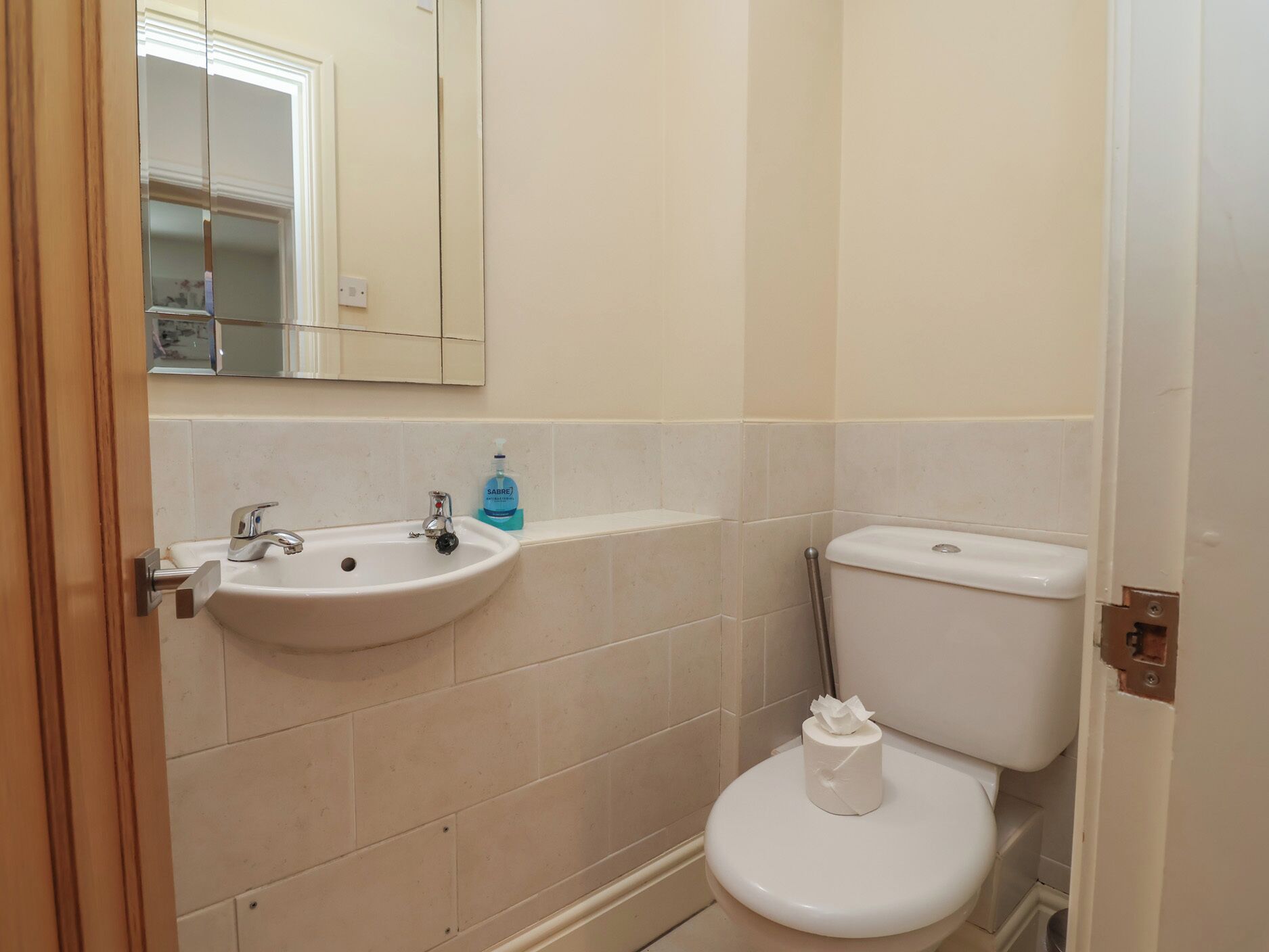 Baño con lavamanos, inodoro y espejo.
