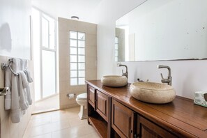 Chuveiro, secador de cabelo, toalhas de banho 