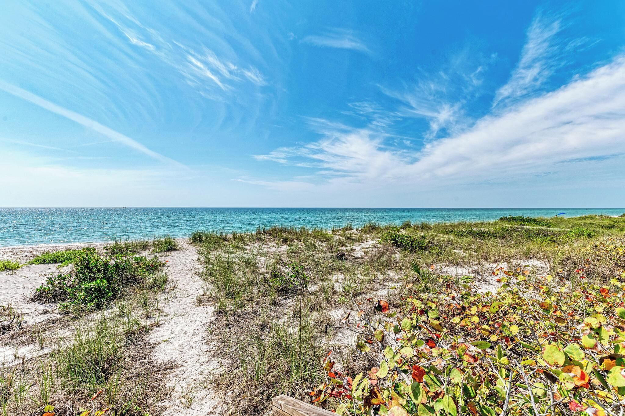 Ein Strandweg, der zum Meer führt, mit blauem Himmel und weiter Ferne.