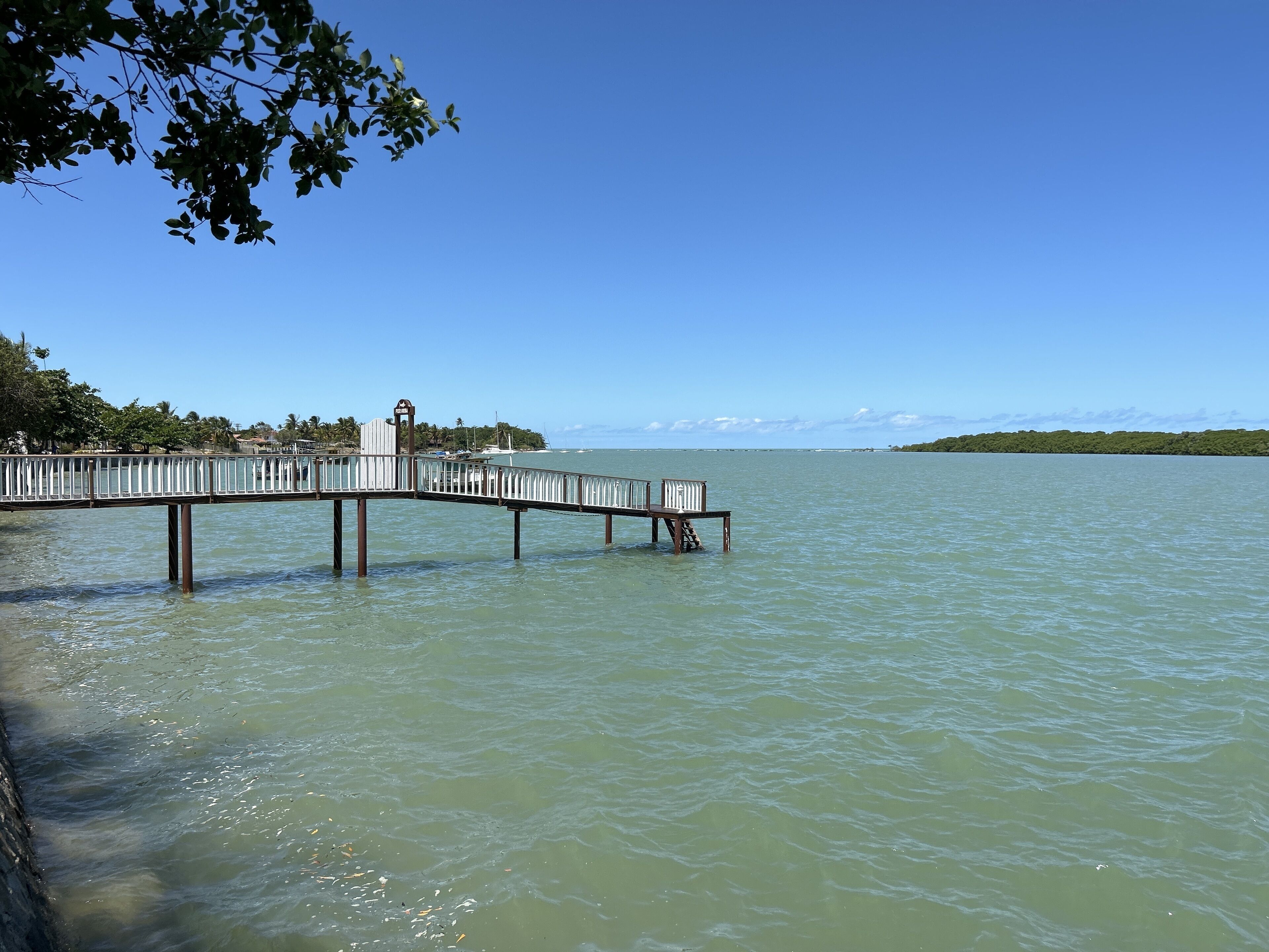 Un muelle que se adentra en aguas tranquilas bajo un cielo despejado.