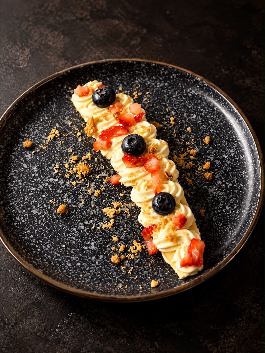 Un postre sobre un plato con textura.